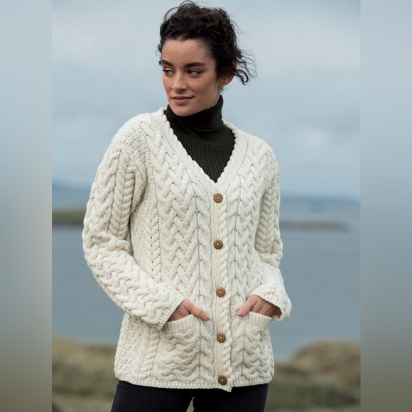 Aran Sweaters - Aran V-Neck Button Up Cable Knit Cardigan, Natural White, Sz L